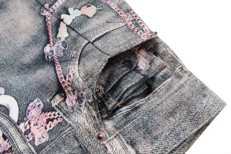 Design Blue 3D Printed Chain Washed Baggy Jeans