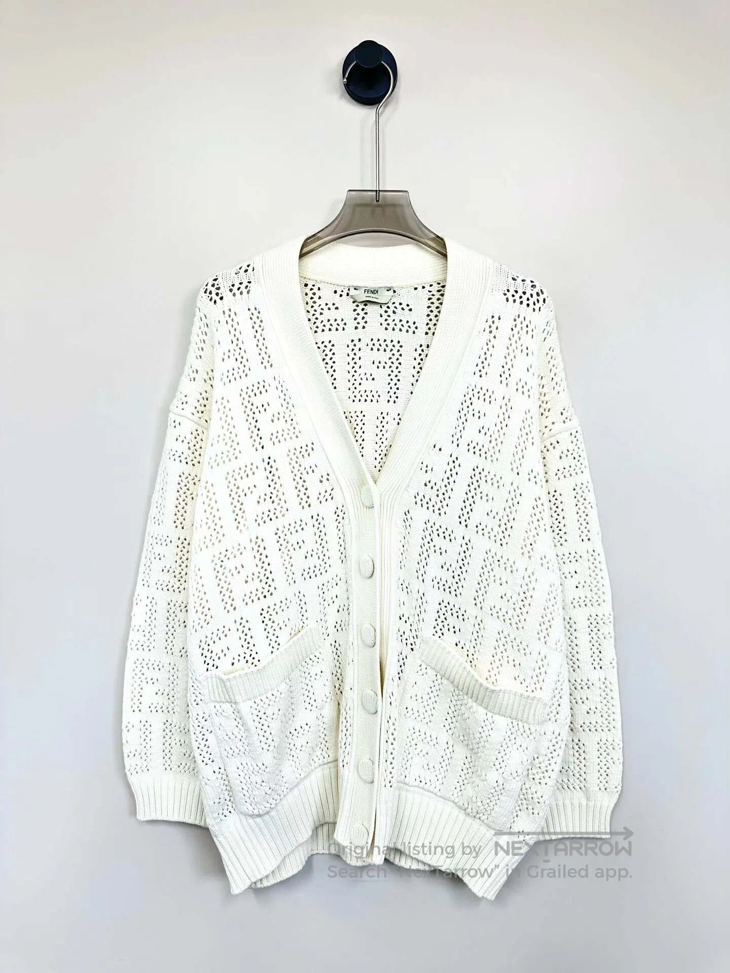 Fendi FENDI Ivory Monogram Printed Openwork FF Cardigan Sweater| Size XS / US 0-2 / IT 36-38 - 1 Thumbnail