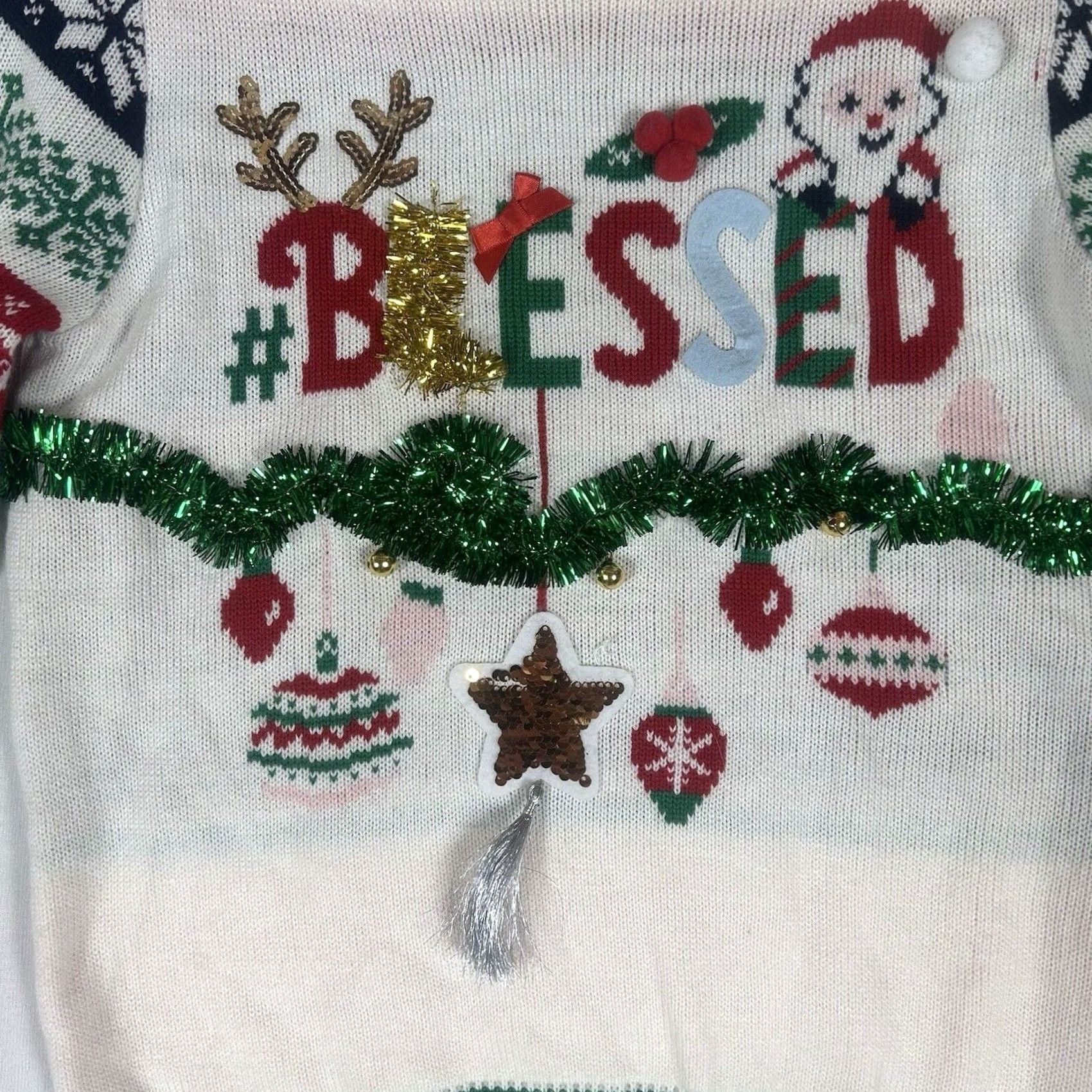 Vintage Ugly Christmas Sweater Girls Juniors M Blessed Holiday Casual White Graphic Print Long Sleeve Crew Neck Pullover Knit Size M / US 6-8 / IT 42-44 - 2 Thumbnail