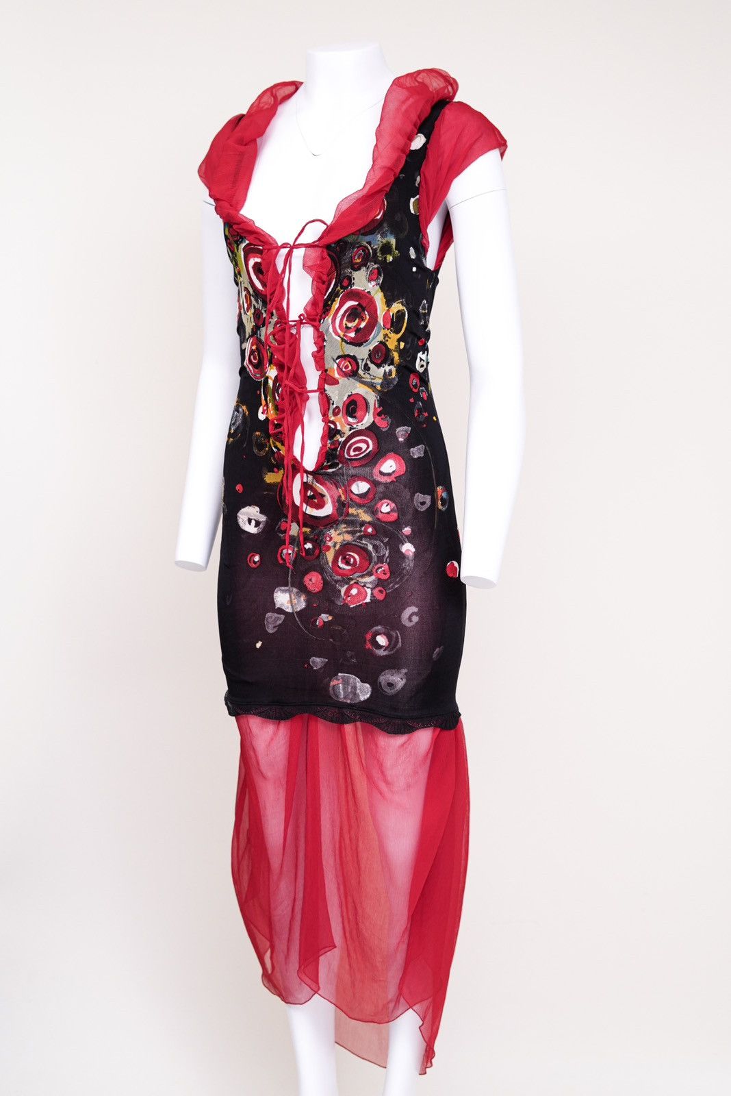 Jean Paul Gaultier Jean Paul Gaultier Plunging Red Patterned Tie Bodycon Dress Size S / US 4 / IT 40 - 5 Thumbnail