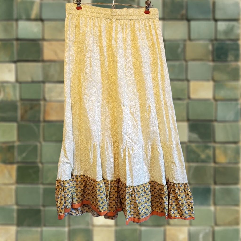 Vintage Womens Tiered Maxi Skirt Yellow Damask Peasant Summer Size 36" / US 14 / IT 50 - 1 Thumbnail