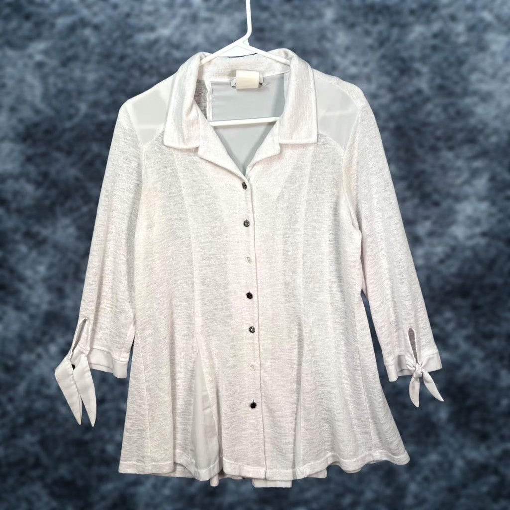 Vintage Zoe Womens Blouse Shirt Large White Button-Up Tie Sleeve Detail Sheer Panels VINTAGE? No Size L / US 10 / IT 46 - 1 Thumbnail