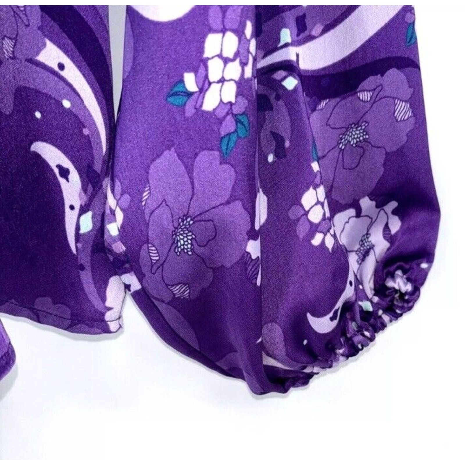 I.N.C INC Women Purple Floral Satin Blouse Ruffle Tie Neck Size L Size L / US 10 / IT 46 - 8 Thumbnail