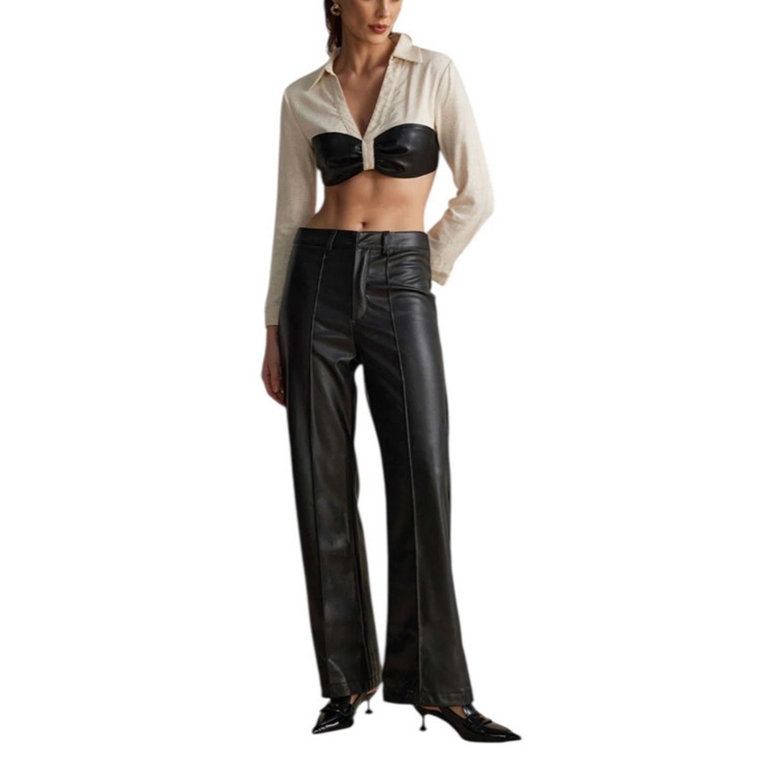 Other Beige Colorblock Faux Leather Linen Ruched Long-Sleeve Shirt Size L / US 10 / IT 46 - 3 Thumbnail
