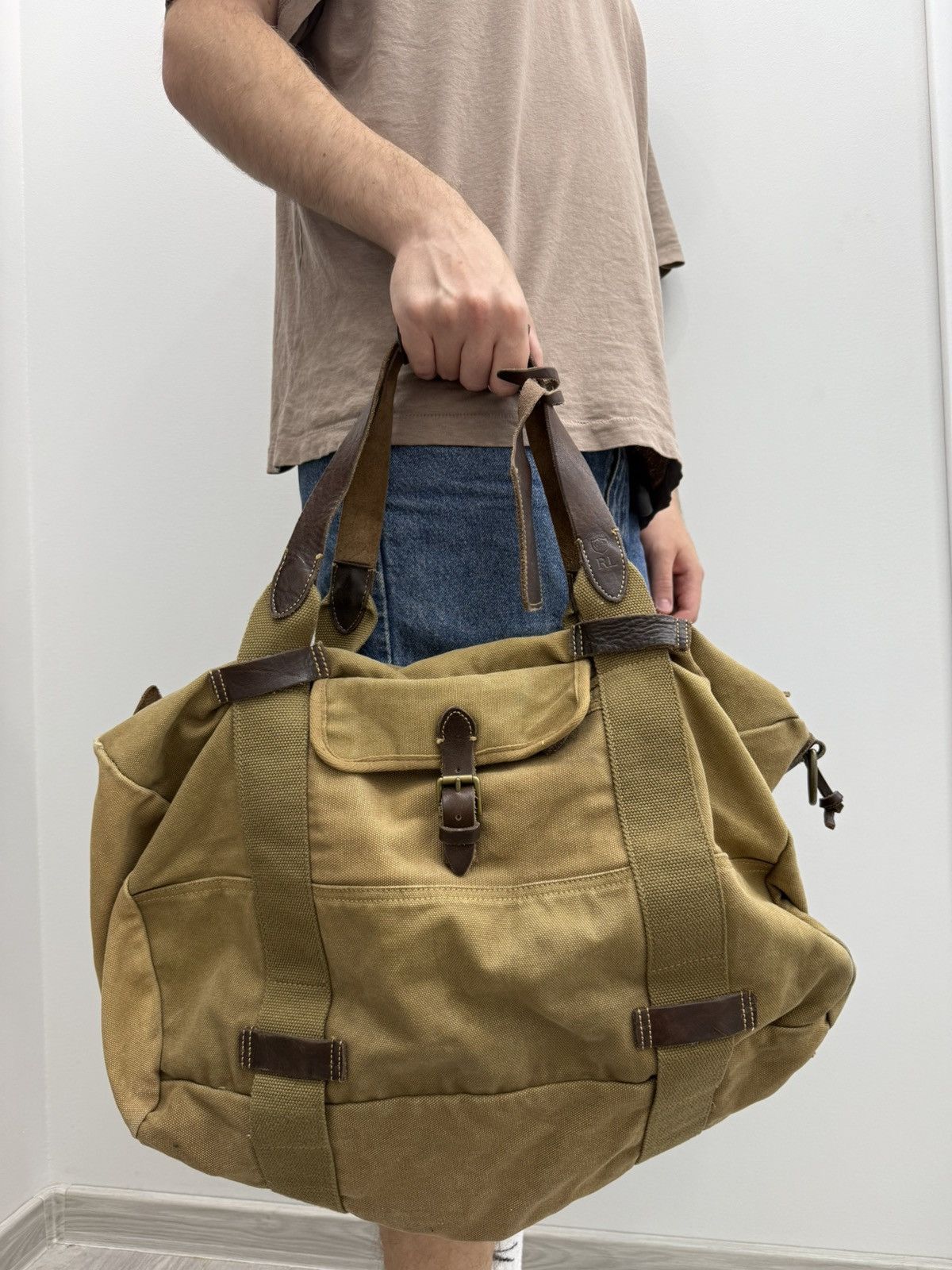 Ralph Laurent Military Field Army Canvas Leather Duffel Bag in Brown, Men's