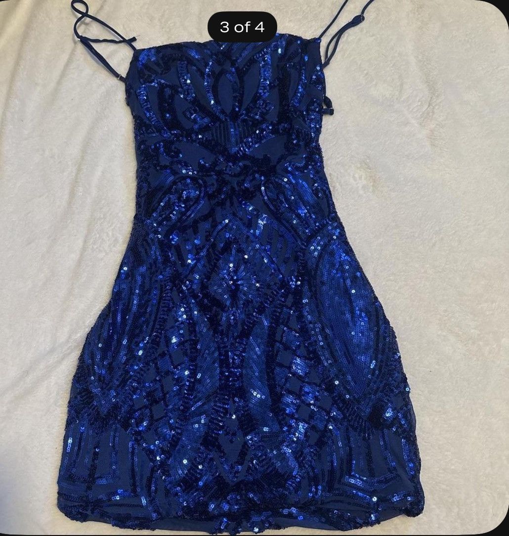 lucy in the sky royal blue dress Sequin Square Neck Bodycon Crepe Fit and Flare Dress
