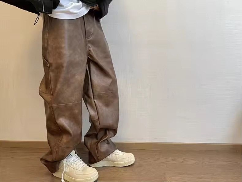 Leather Washed Brown Soft Pu Leather Pant Size US 35 - 12 Thumbnail