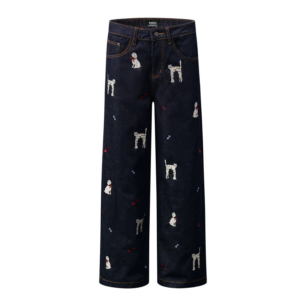 Jean Men's loose wide-leg puppy bone embroidered jeans y2k Size US 32 / EU 48 - 1 Thumbnail