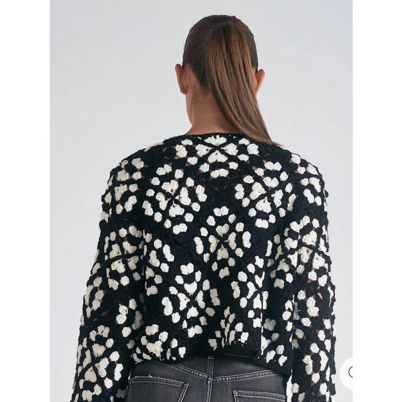 ELAN Elan Kylee Macrame Crochet Cropped Cardigan in Black/White,S Size S / US 4 / IT 40 - 2 Thumbnail