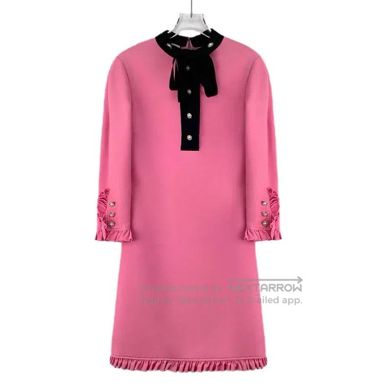 Gucci Pink lace design mulberry silk tie bow long-sleeved