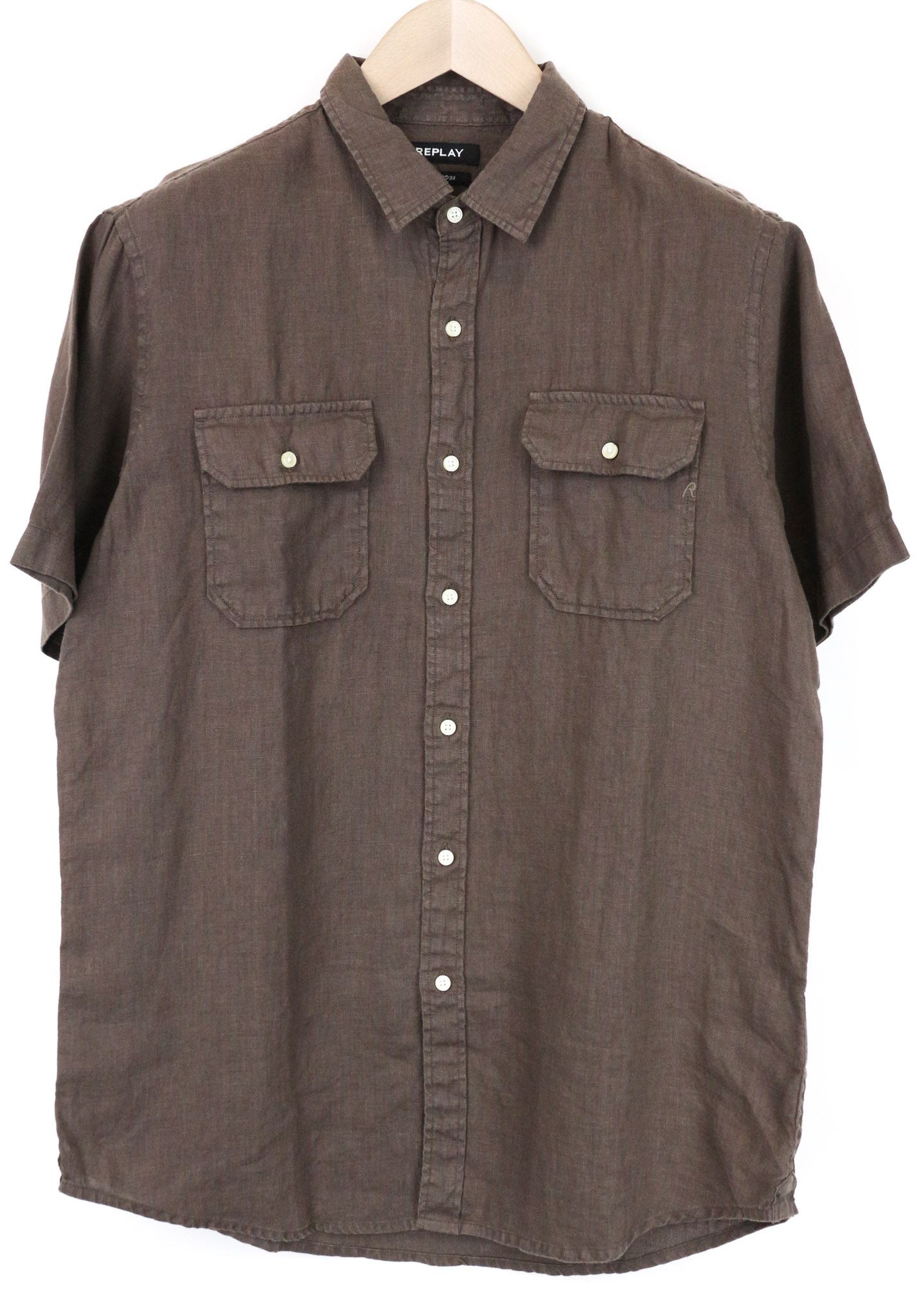 Replay L Brown Linen Short Sleeve Button-Up Shirt 74020 Size US L / EU 52-54 / 3 - 1 Thumbnail
