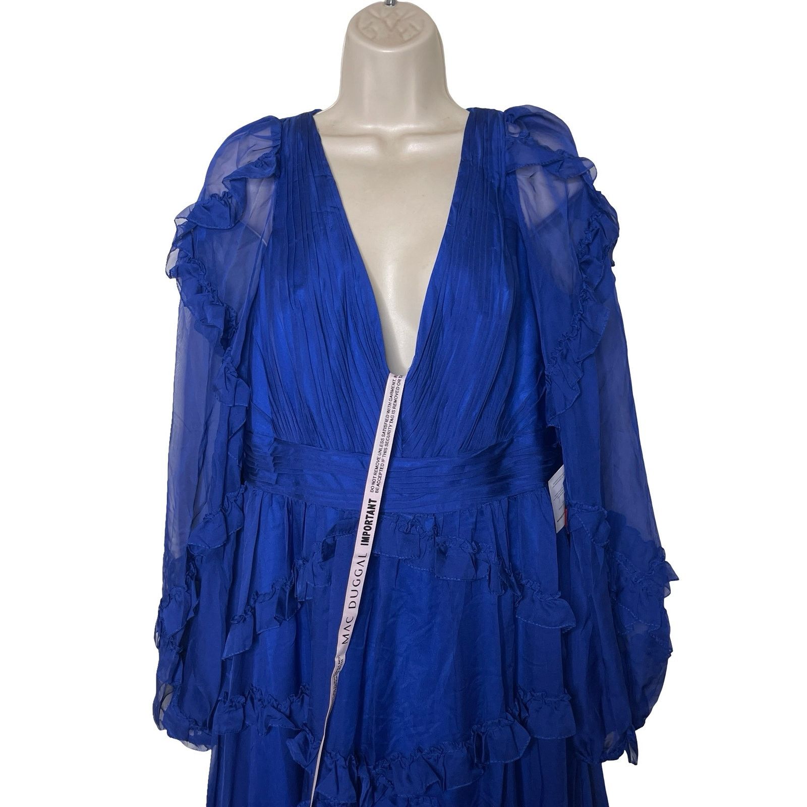 Other New Mac Duggal Blue Cascade Ruffle Puff Sleeve A Line Gown Size XL / US 12-14 / IT 48-50 - 4 Thumbnail