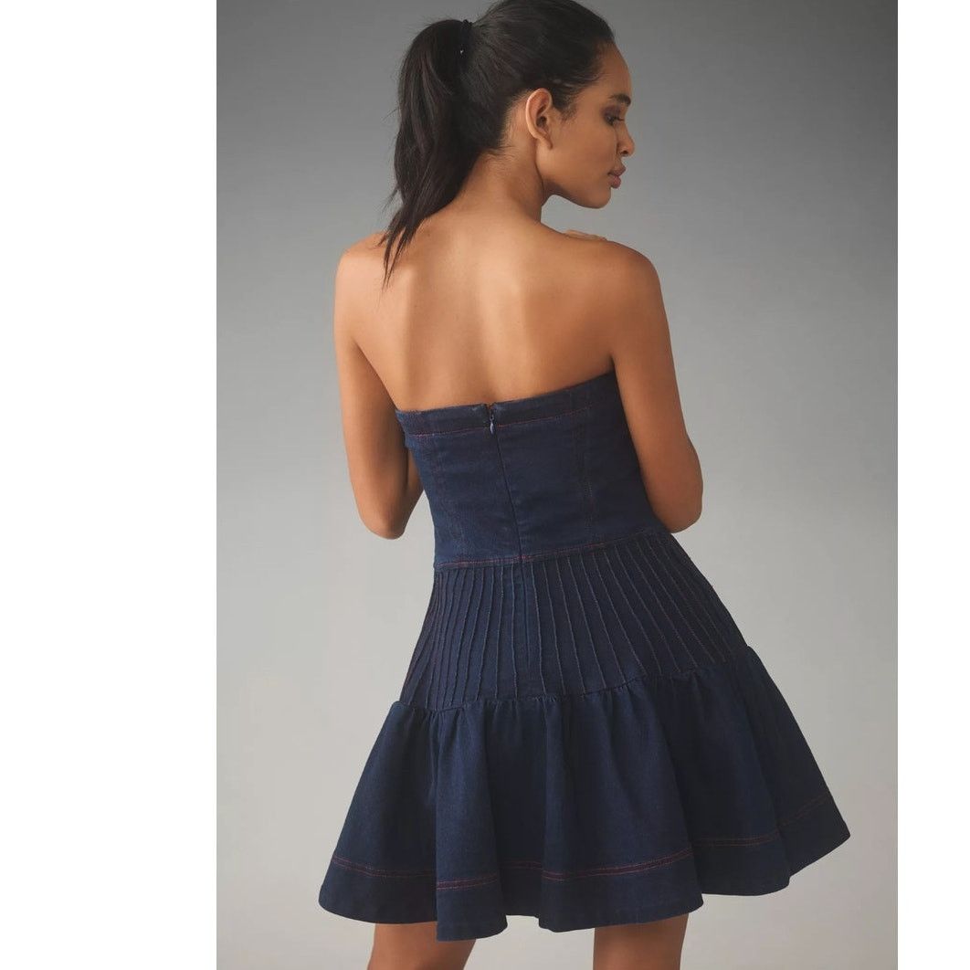 Anthropologie NWT Maeve Rosette Strapless Fit & Flare Denim Mini Dress Size XS / US 0-2 / IT 36-38 - 4 Thumbnail