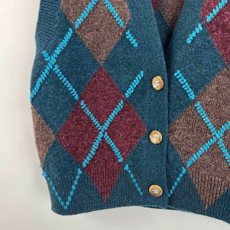 Chanel Chanel 24A blue and green knitted diamond plaid cardigan ve Size XS / US 0-2 / IT 36-38 - 5 Thumbnail