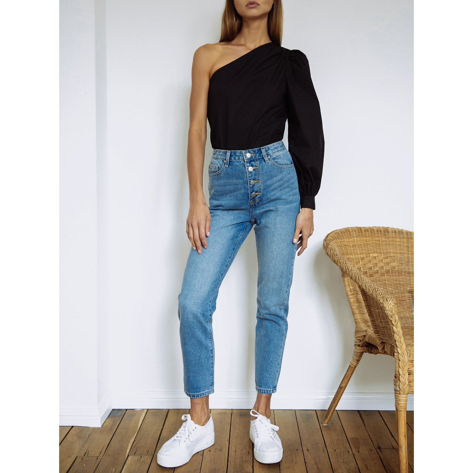 Frame FRAME Black One Shoulder Long Sleeve Cotton Blouson Top Sz M Size M / US 6-8 / IT 42-44 - 1 Thumbnail