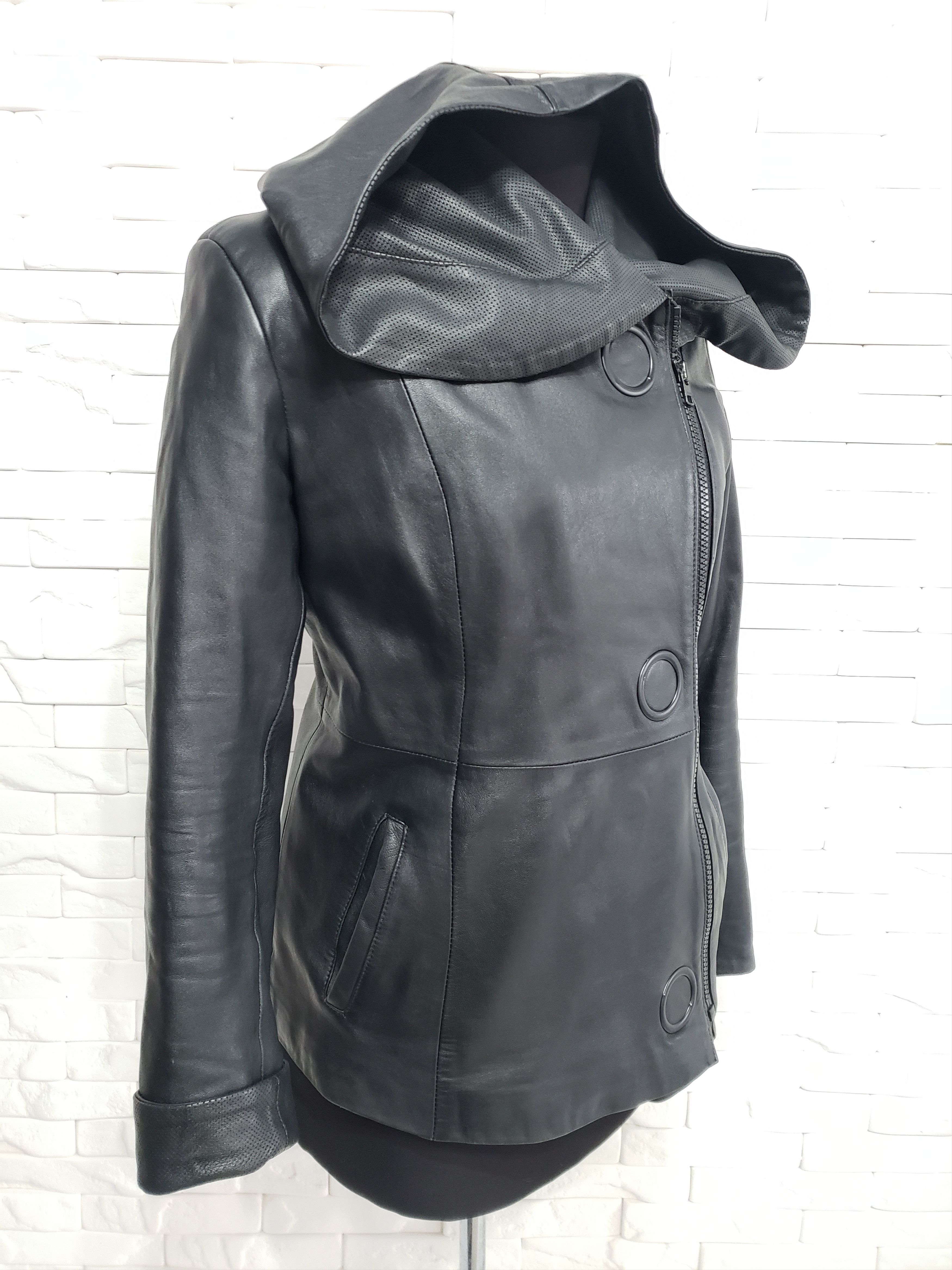 Genuine Leather × Uniqlo Black women's leather jacket with a hood. Size L / US 10 / IT 46 - 4 Thumbnail