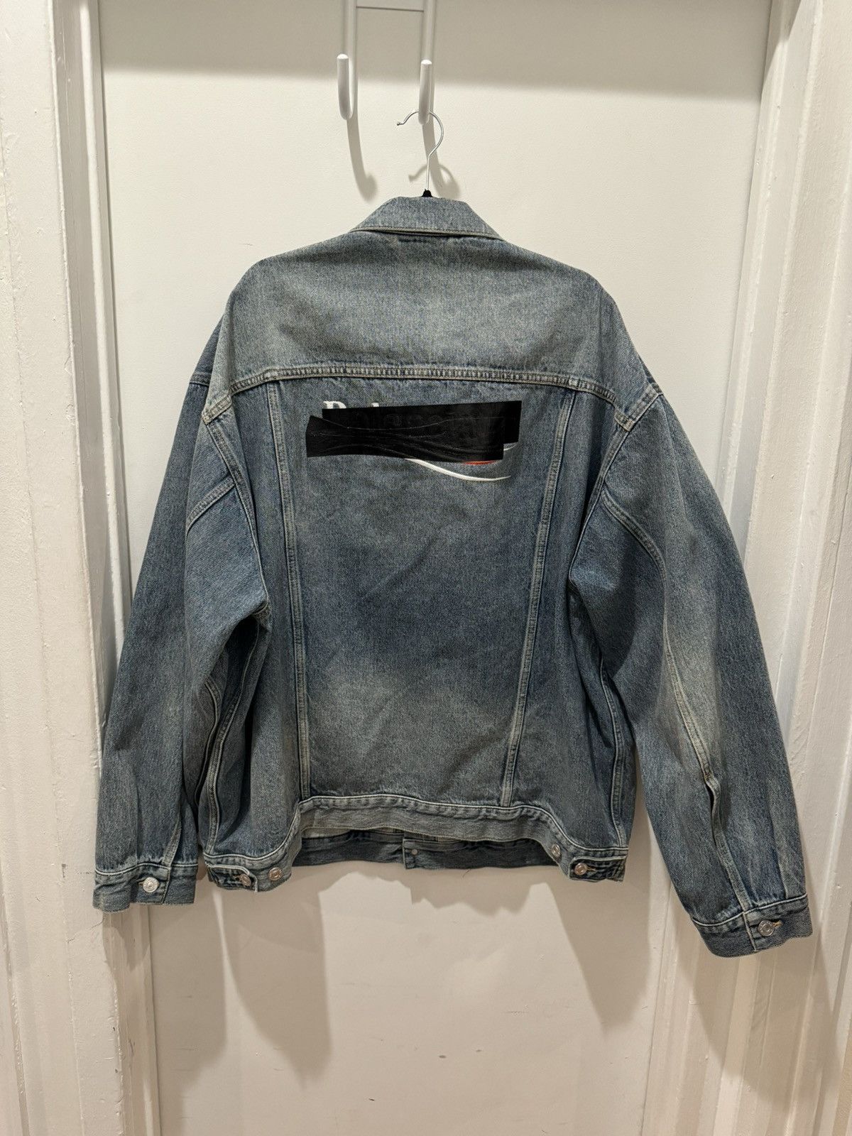 image of Balenciaga Tape Campaign Logo Denim Jean Jacket Sun Faded, Men's (Size XL)