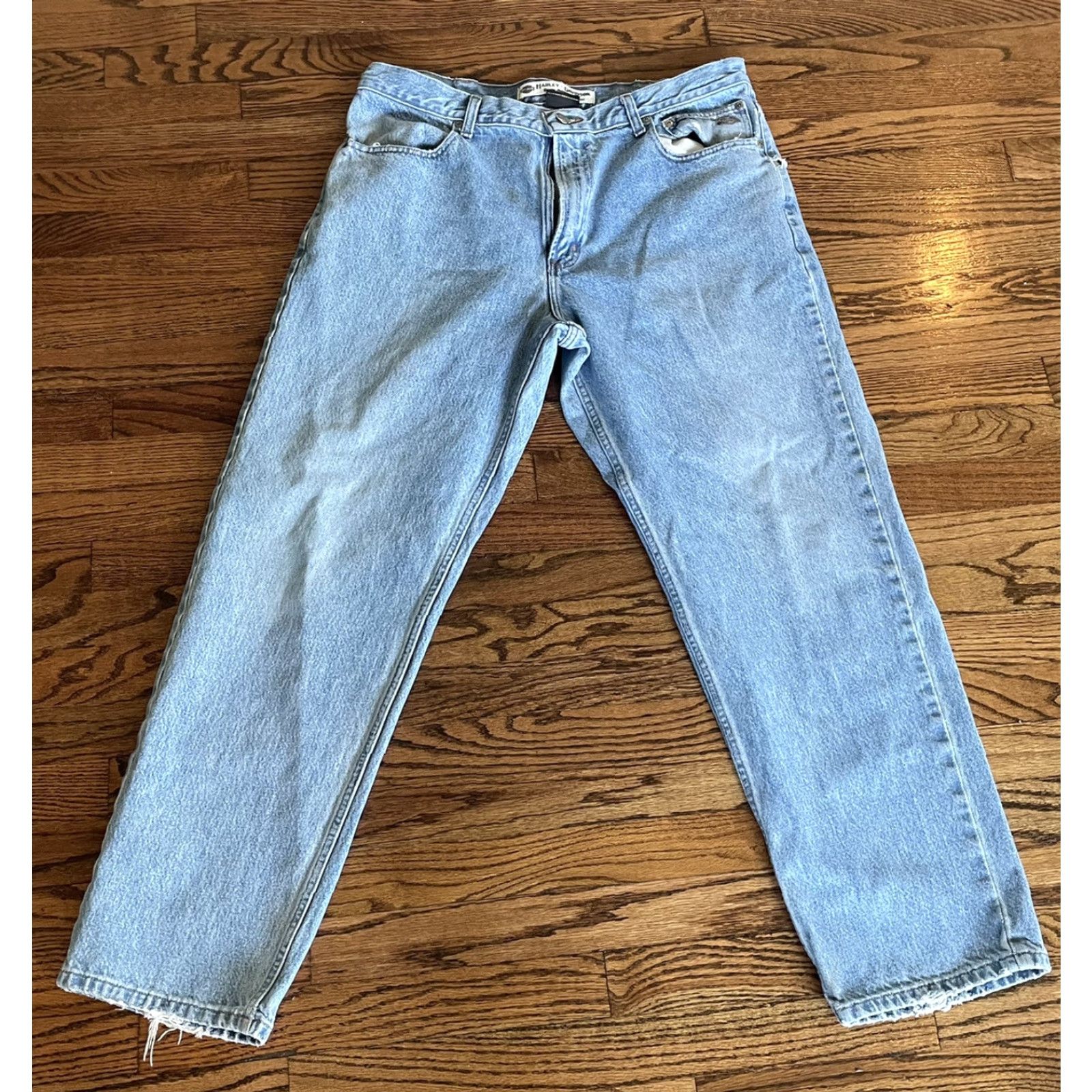 Harley Davidson Harley-Davidson Jeans Men 36x31 Blue Denim Straight Leg 5-Pocket Bootcut Distressed Logo Belt Loops Leather/Metal Accents Motorcycle Biker Size US 36 / EU 52 - 3 Thumbnail