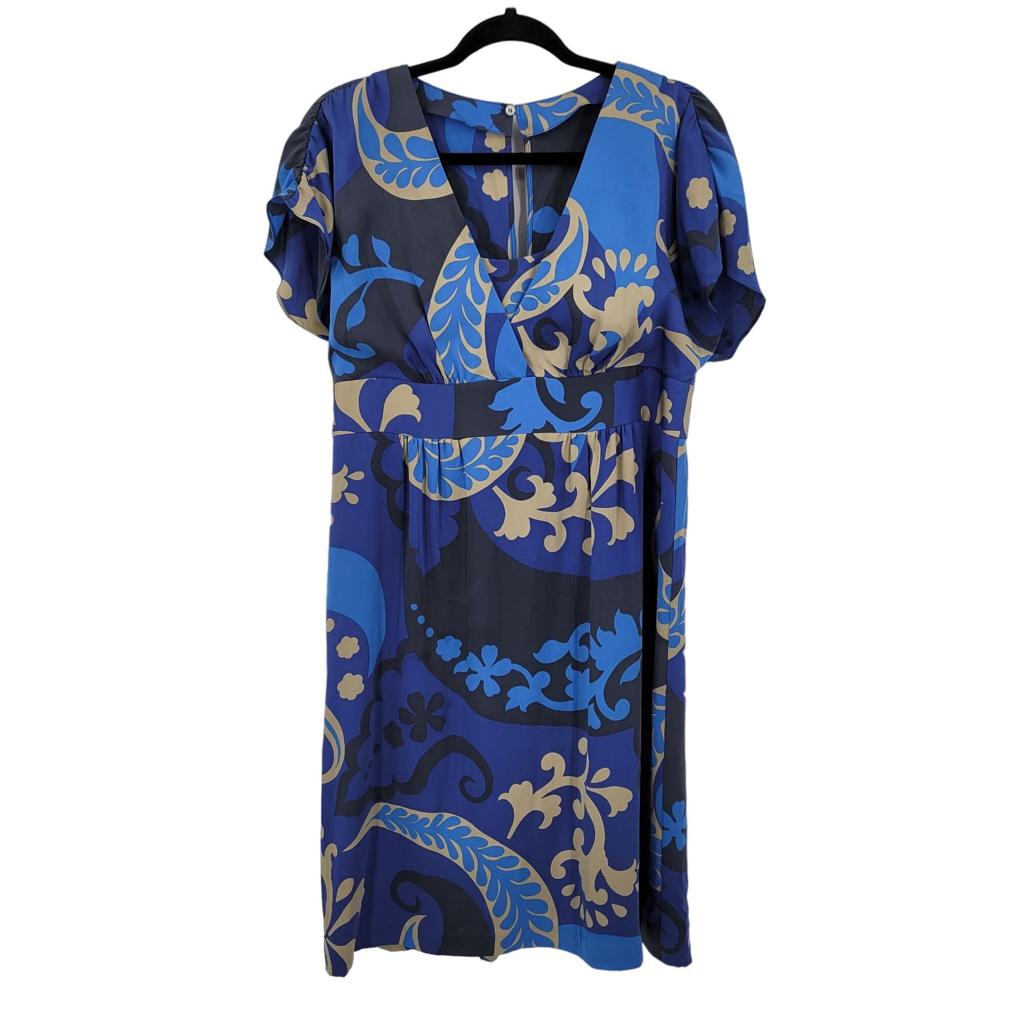 Boden Silk Empire Tea Length Dress 10L Blue Paisley Print