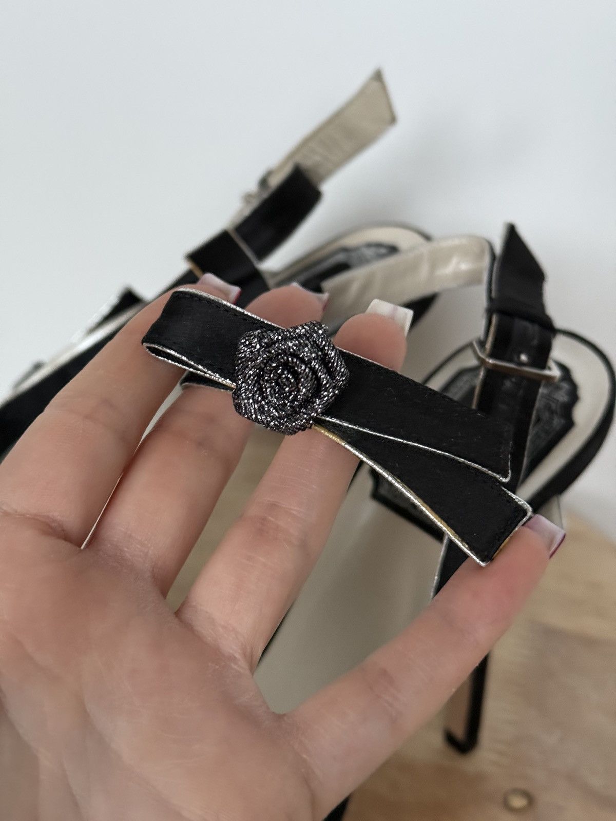 Designer × Dior × Vintage Christian Dior Satin Black Elegant Sandals Ankle Straps Rose Size US 5.5 / IT 35.5 - 3 Thumbnail