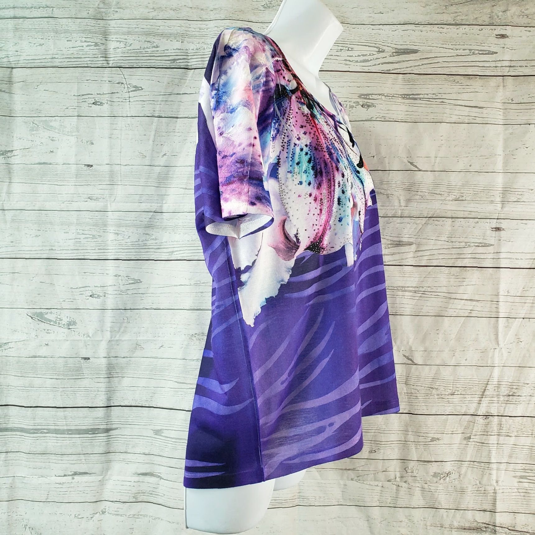 Vintage Chicos Womens Top Sz Small Purple White Floral Embellished Short Sleeve Dressy Blouse Womens Shirt Size S / US 4 / IT 40 - 3 Thumbnail