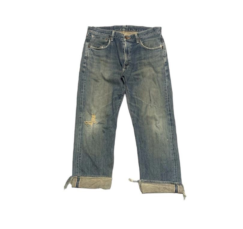 image of Distressed Denim x Edwin Vintage Edwin 505 Baggy Selvedge Jeans Distressed in Blue Denim (Size 34)