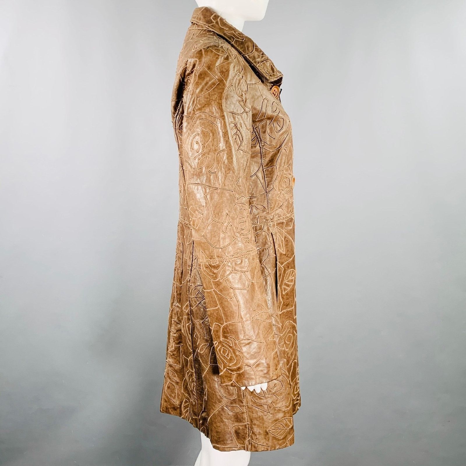 Emporio Armani Brown Lambskin Leather Embroidered Single Breasted Coat Size M / US 6-8 / IT 42-44 - 2 Thumbnail