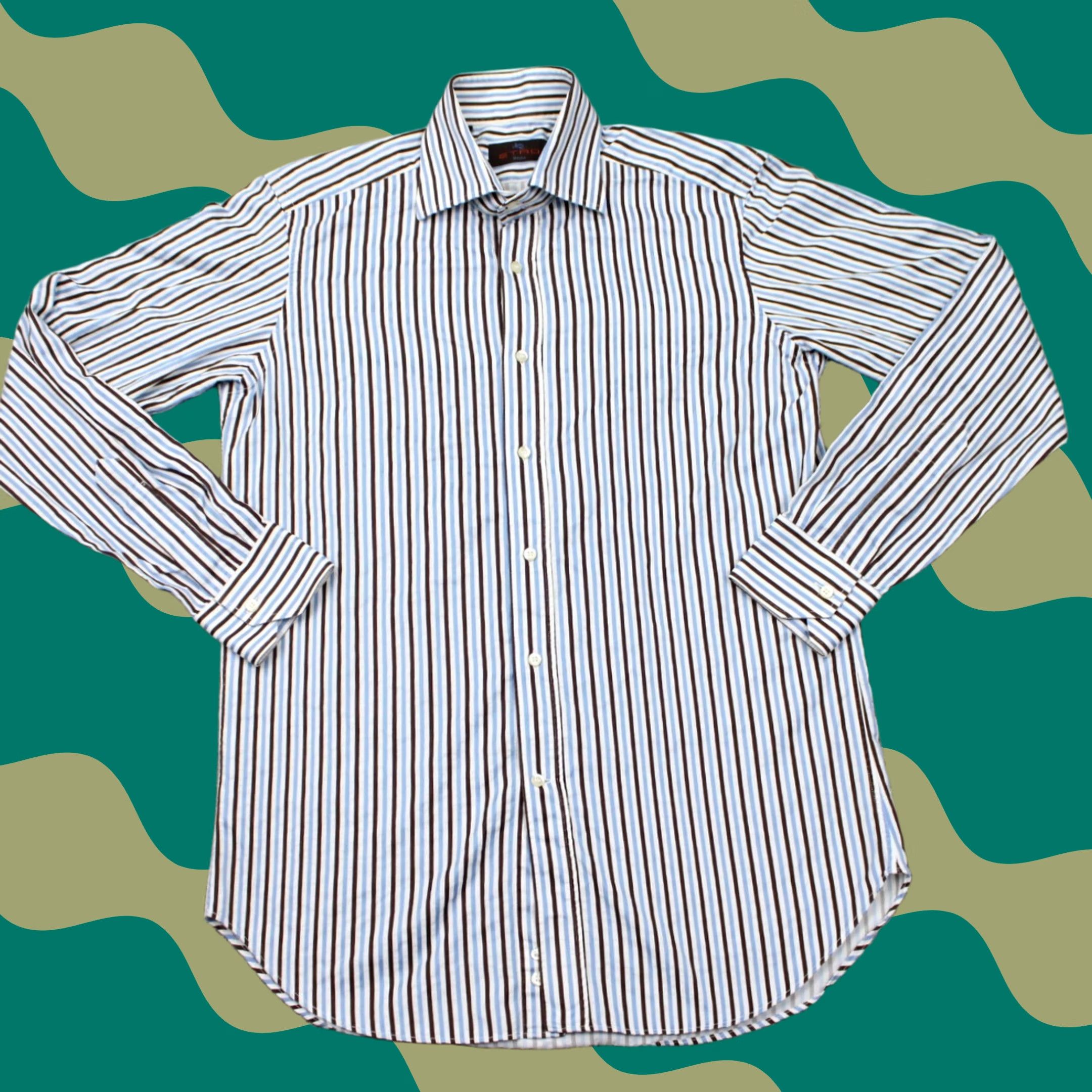 Etro ETRO Dress Shirt Mens 39 Blue/Brown Striped 100% Cotton Long Sleeve Button Up Shirt Size 40R - 1 Thumbnail