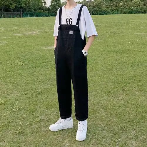 image of Casual Retro Overalls Autumn Harajuku Loose Streetwear in Black, Men's (Size 36)