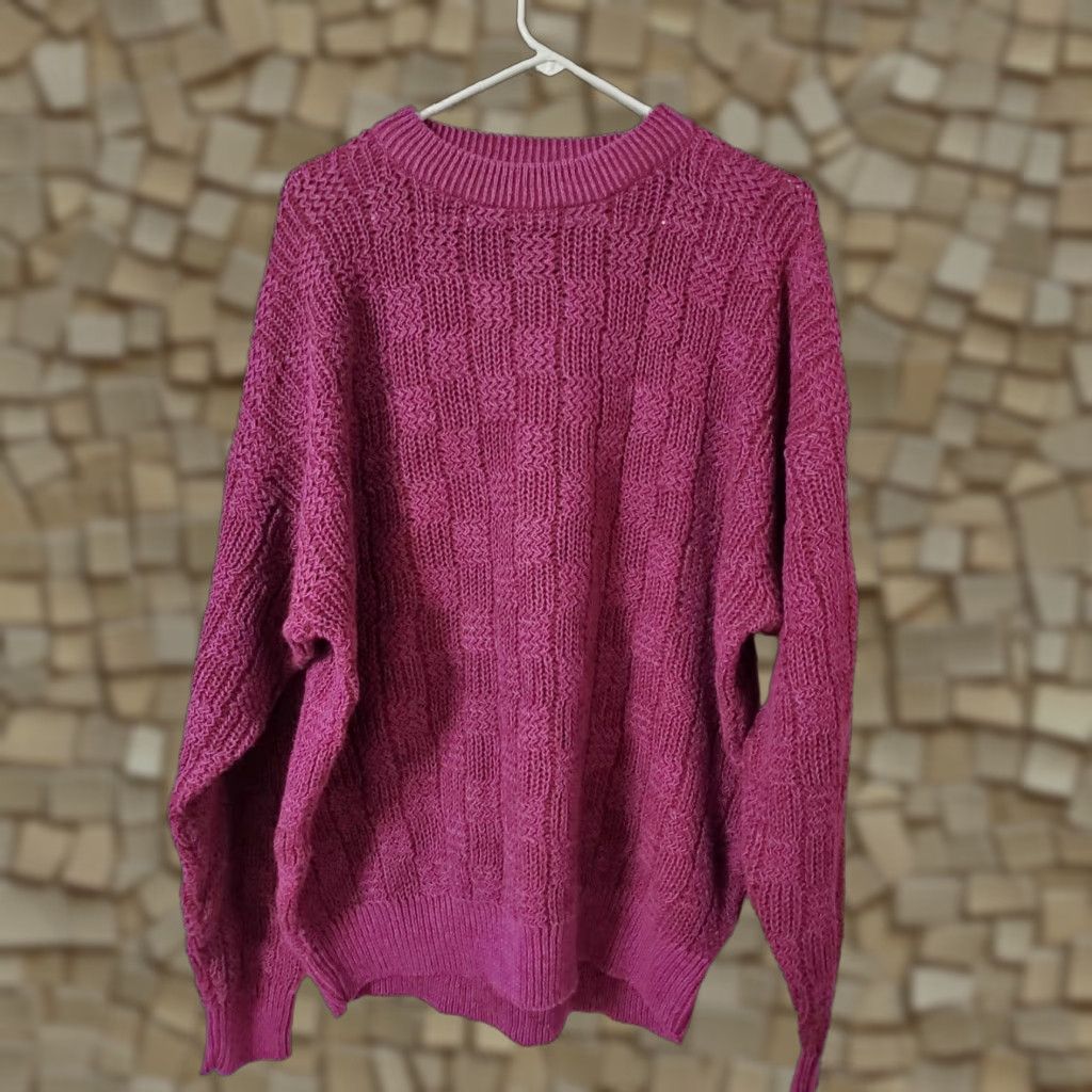 Vintage VINTAGE Weekends Sweater XL Purple Patchwork Crew Neck Women Pullover Heavyweight 80s Knit Cotton Blend Ramie Size XL / US 12-14 / IT 48-50 - 1 Thumbnail