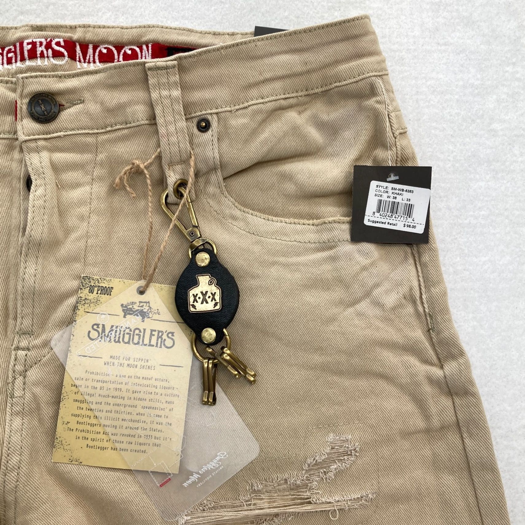 Denime Smugglers Moon Jeans Mens 38x33 Khaki Beige Denim Button Fly Roll Up Distressed Slim 5-Pocket Gothic Punk Rock Skull Mens Jeans Size US 38 / EU 54 - 5 Thumbnail