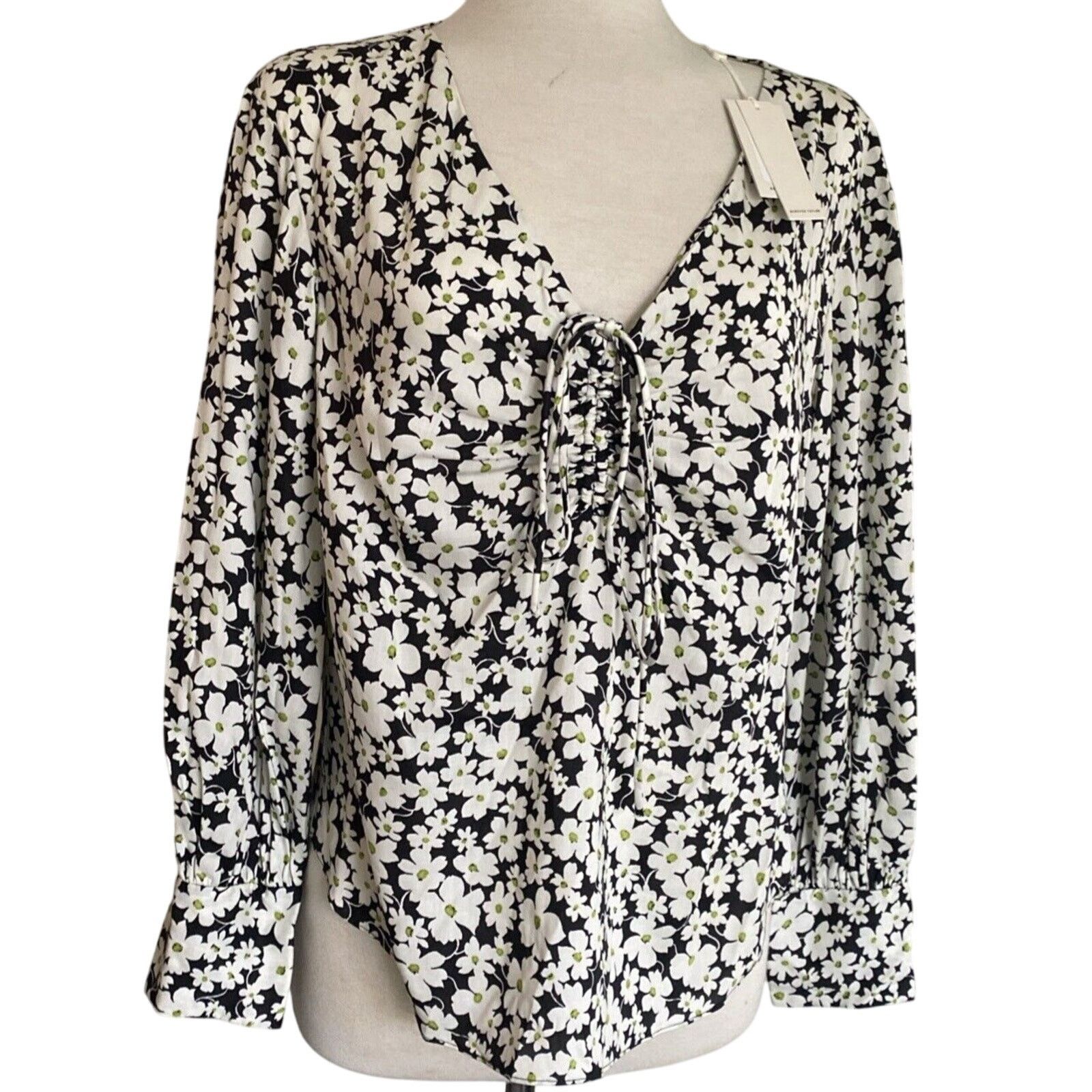 Rebecca Taylor Rebecca Taylor Black White Floral Drawstring V-Neck 6 Size M / US 6-8 / IT 42-44 - 2 Thumbnail