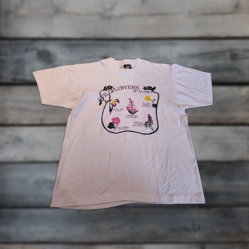 Vintage VINTAGE Screen Stars 1990s Unisex Cotton T-Shirt Wildflowers of Alaska White Large Short Sleeve Made in USA Size US L / EU 52-54 / 3 - 1 Thumbnail
