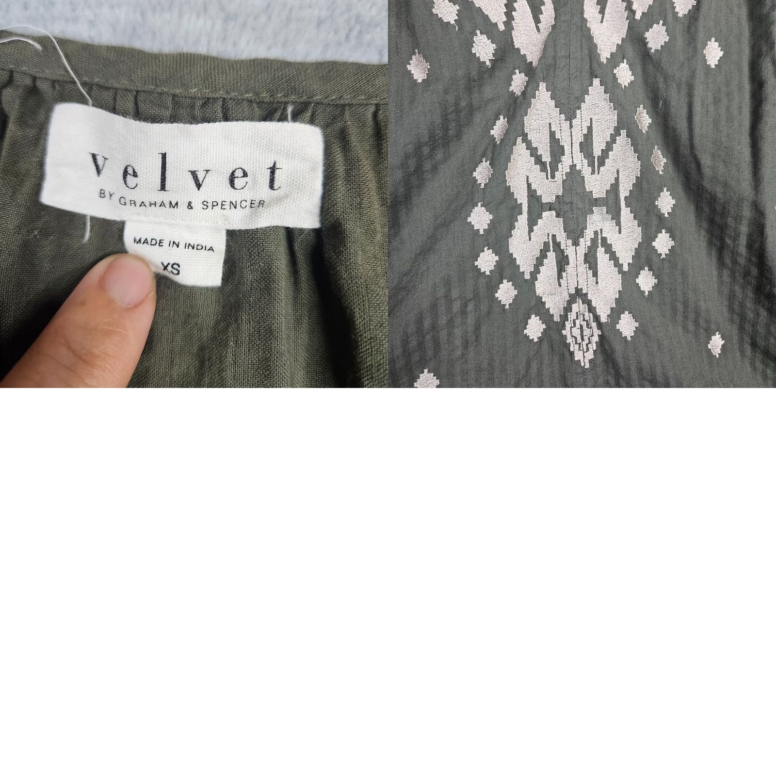 Velvet V Velvet by Graham & Spencer Blouse XS Embroidered Puff Sleeve 100% Cotton Green Womens Peasant Shirt XS Size XS / US 0-2 / IT 36-38 - 8 Thumbnail
