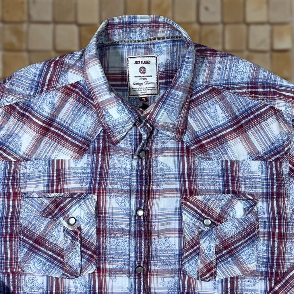 Jack & Jones JACK & JONES Cowboy Western Patterned Check Popper Long Sleeve Cotton Shirt XL Men Size US XL / EU 56 / 4 - 1 Thumbnail