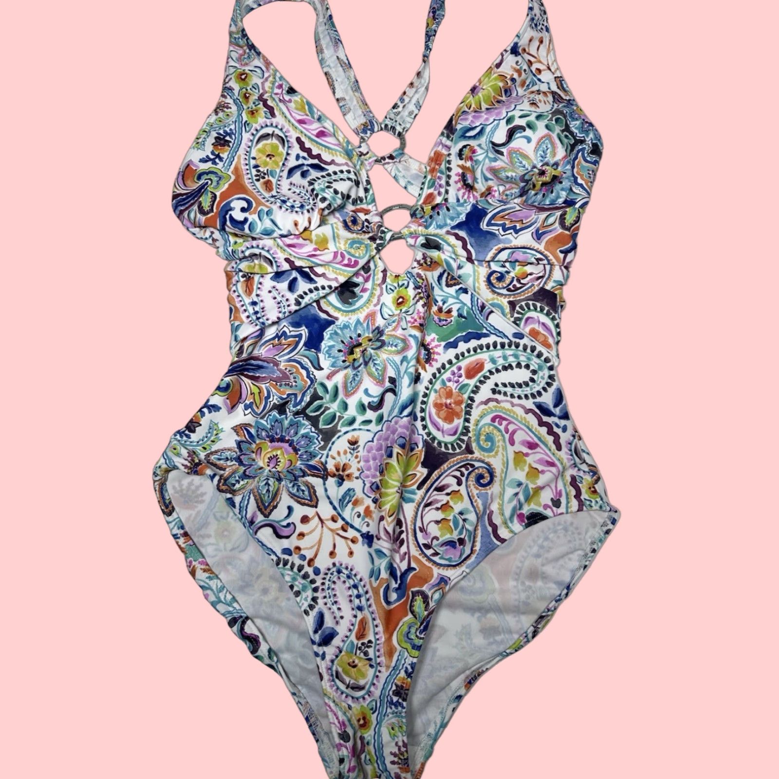 Vintage Venus One Piece Swimsuit Womens 10 D Multicolor Floral Halter High Waisted Lined Nylon Swimwear