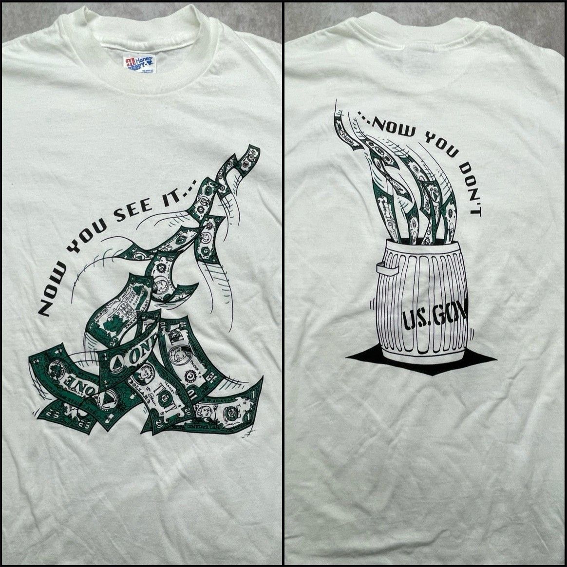 Vtg 90s US Gov Money Trash Can T-Shirt L Hanes Beefy-T Made