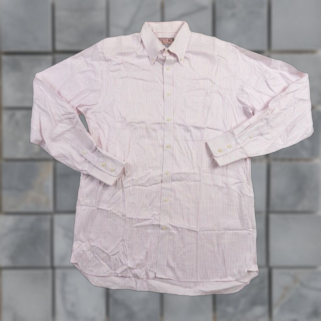 Pinko Thomas Pink Shirt Mens 16/36.5 Button-Up Long Sleeve Dress Shirt Pink Cotton Check Traveller Mens Size 42R - 1 Thumbnail