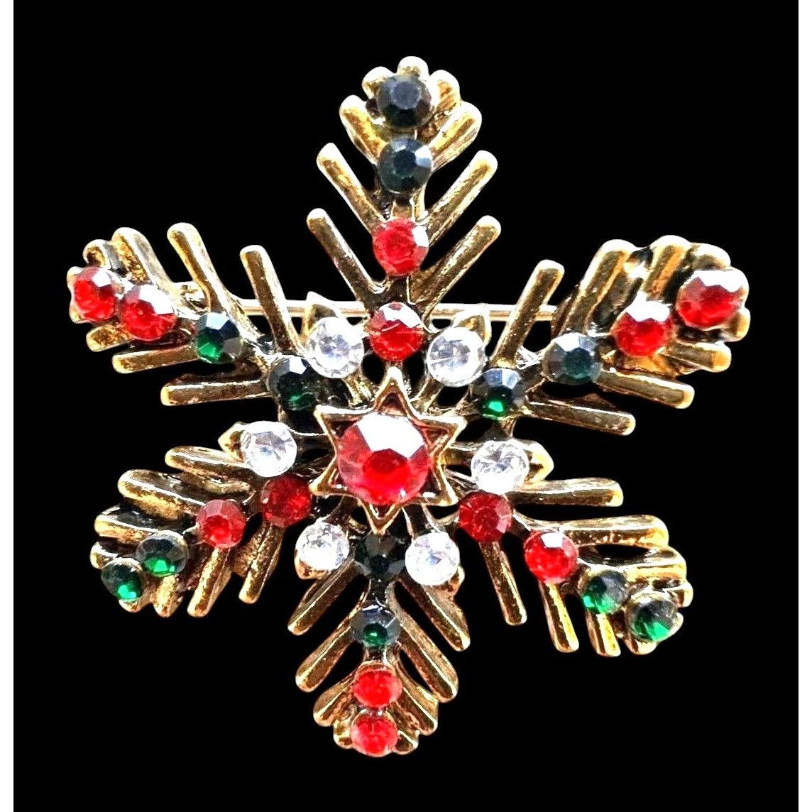 Handmade Christmas Snowflake Brooch Pin Star Red Green Crystal Accent Size ONE SIZE - 6 Thumbnail