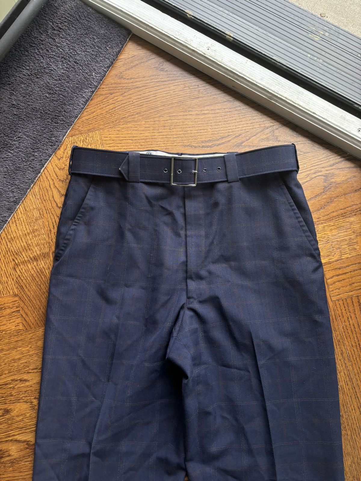 Vintage 1970s Vintage Plaid Trousers 60s Wool Pants Matching Belt Size US 32 / EU 48 - 1 Thumbnail