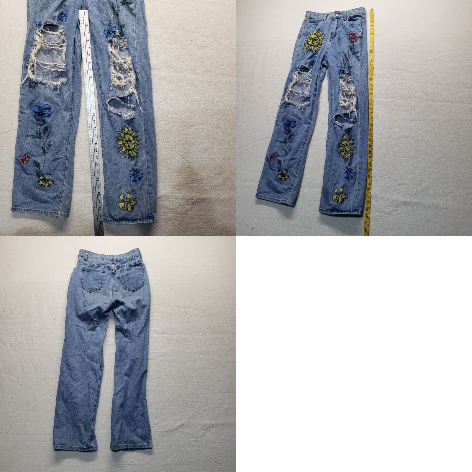Shein SHEIN Blue Jeans Pants Floral & Sun Print Ripped Straight Distressed Women's XS Size 26" / US 2 / IT 38 - 8 Thumbnail