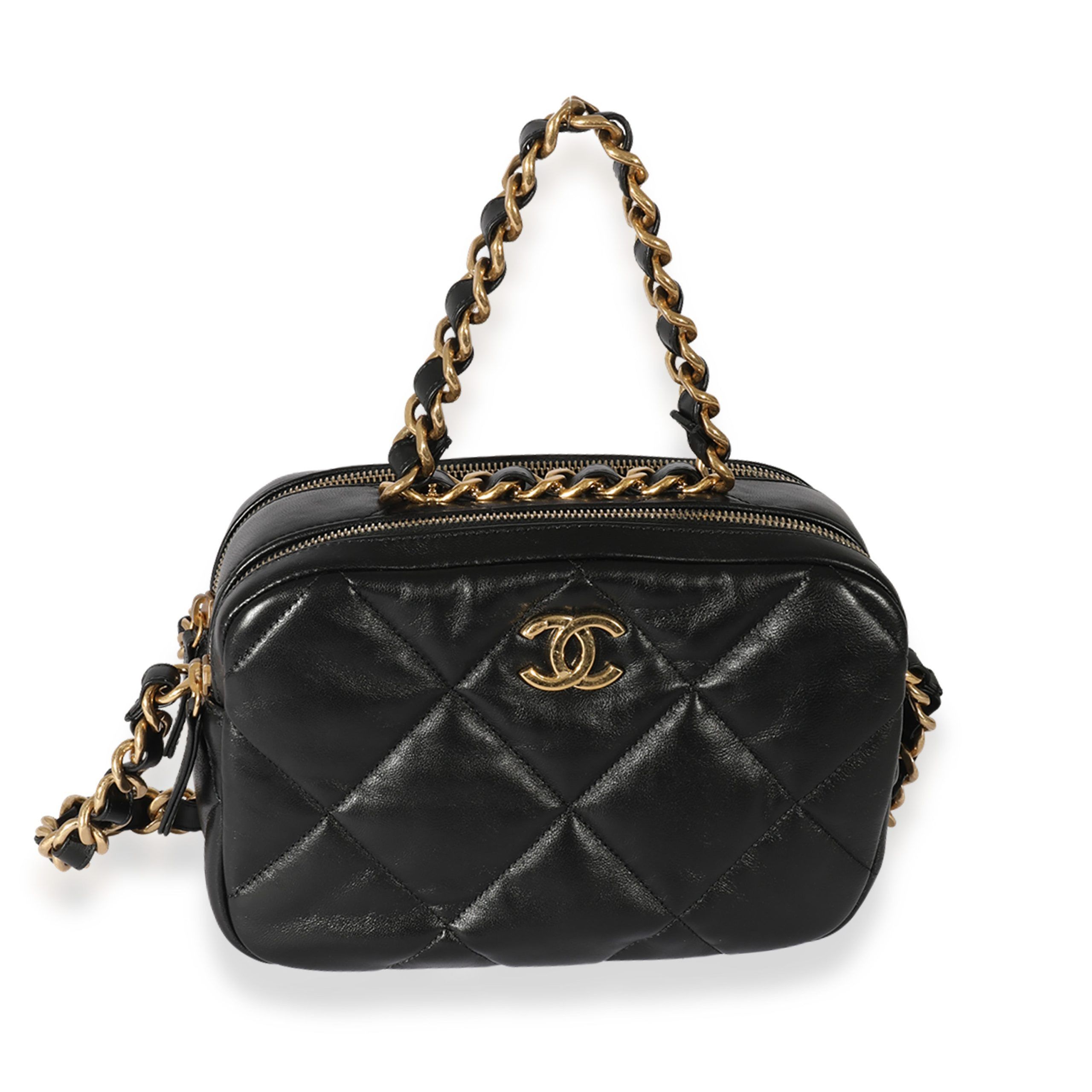 image of Chanel Black Quilted Lambskin Small Bowling Bag, Women's