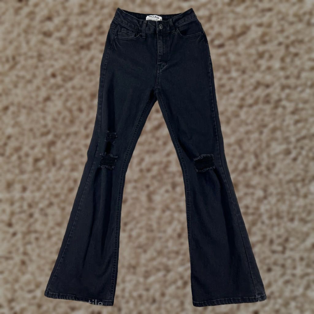 Vintage Wax Jean Jeans Women's Black Cotton Blend Denim Flared Stretch 3 Pockets Mid Rise 30 Inseam 23 Waist Denim Button Logo Embroidered Vintage No N/A Size 26" / US 2 / IT 38 - 1 Thumbnail