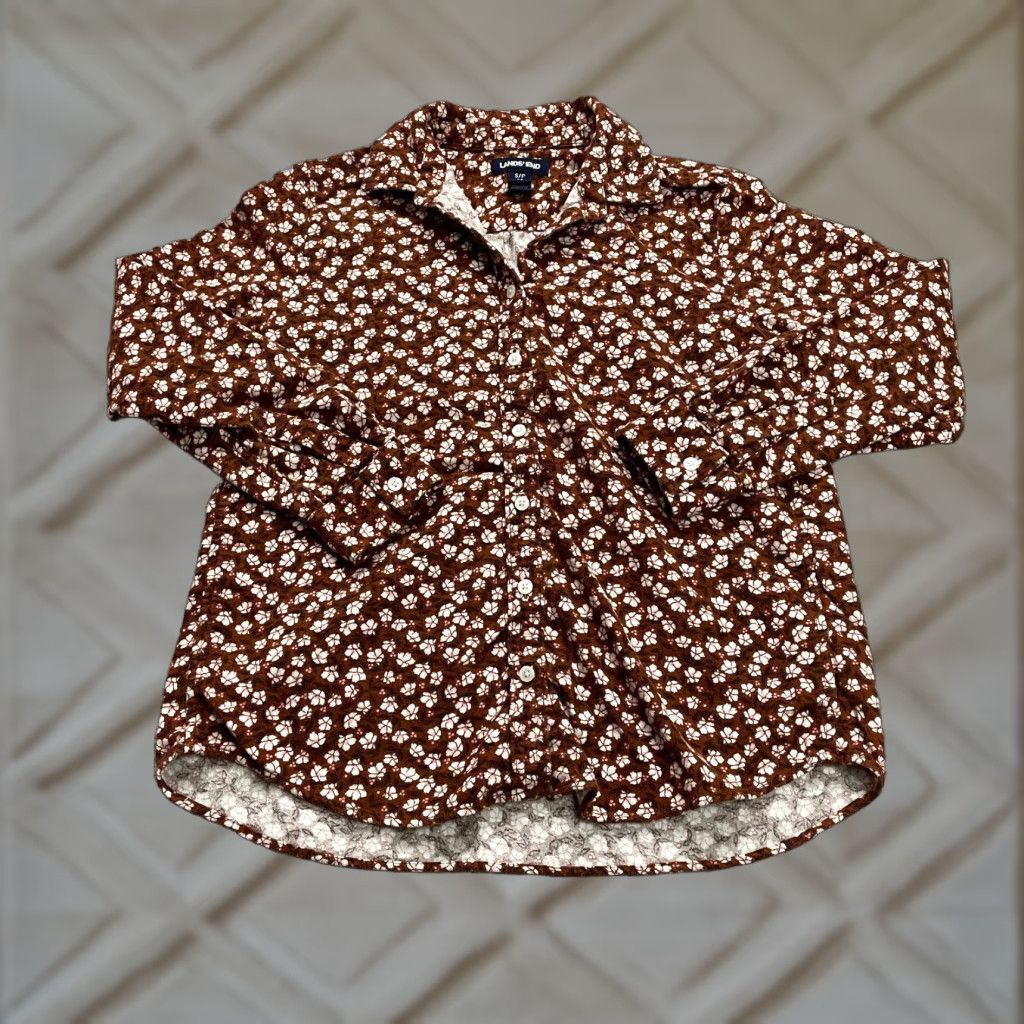 Lands' End VINTAGE Lands' End Women's Button-Up Shirt Casual Long Sleeve Cotton Knit Brown Floral Small S Size S / US 4 / IT 40 - 1 Thumbnail