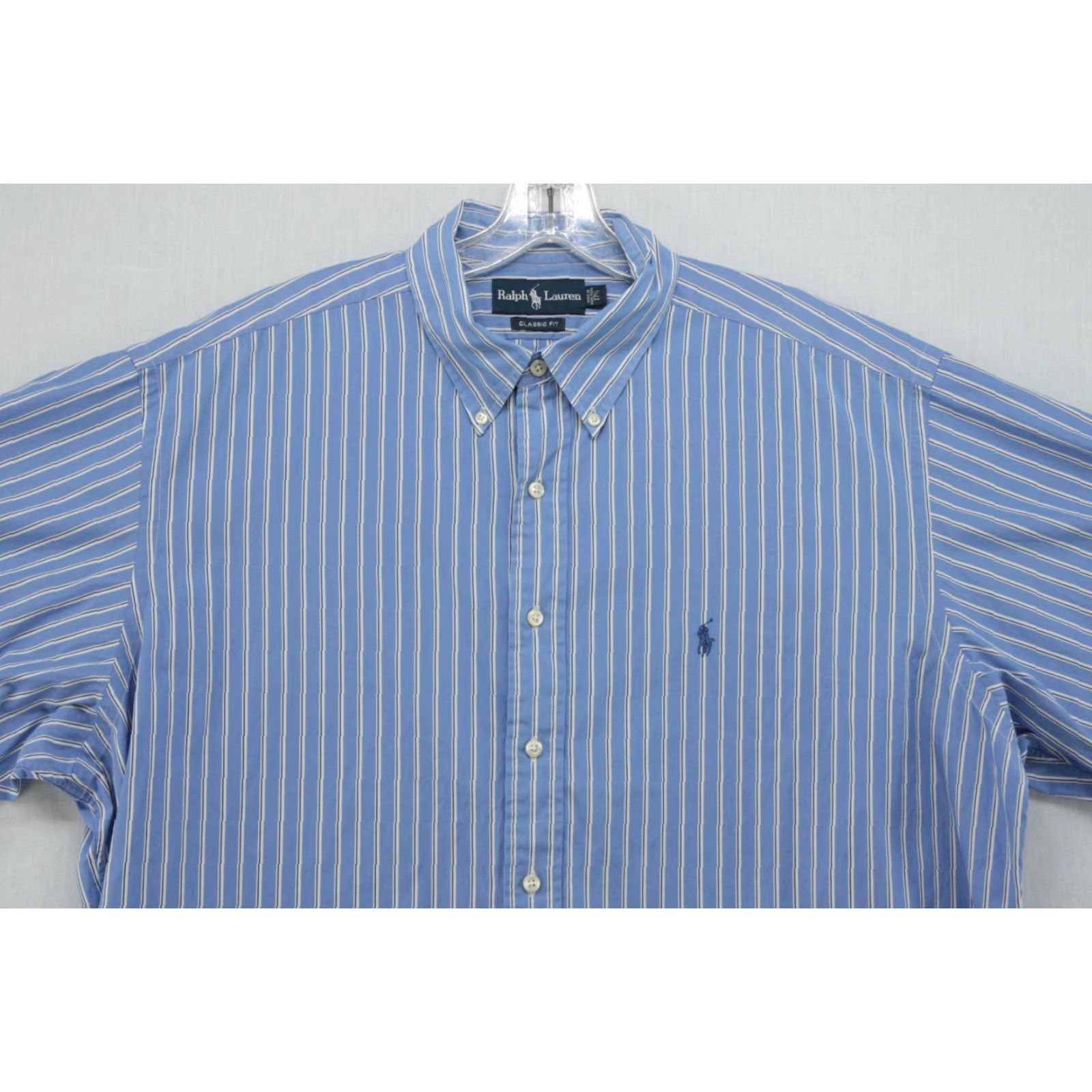 Polo Ralph Lauren VINTAGE Polo Ralph Lauren Dress Shirt Men’s 17.5 Blue Striped Button Short Sleeve VTG Size 48R - 4 Thumbnail