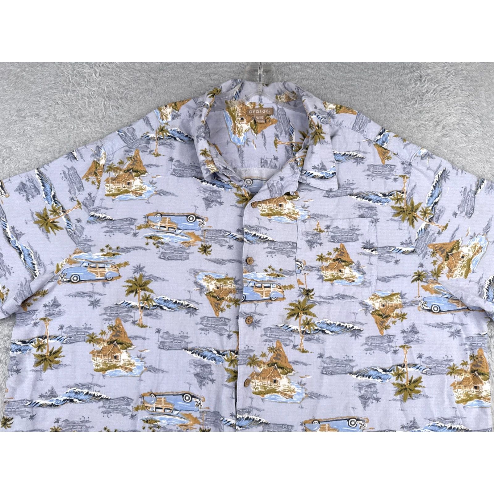 George George Button-Up Shirt Men 3XL Blue Palm Hawaiian Classic Car 100% Rayon Floral Short Sleeve Collared Pocket Boatneck? Size US XXL / EU 58 / 5 - 4 Thumbnail