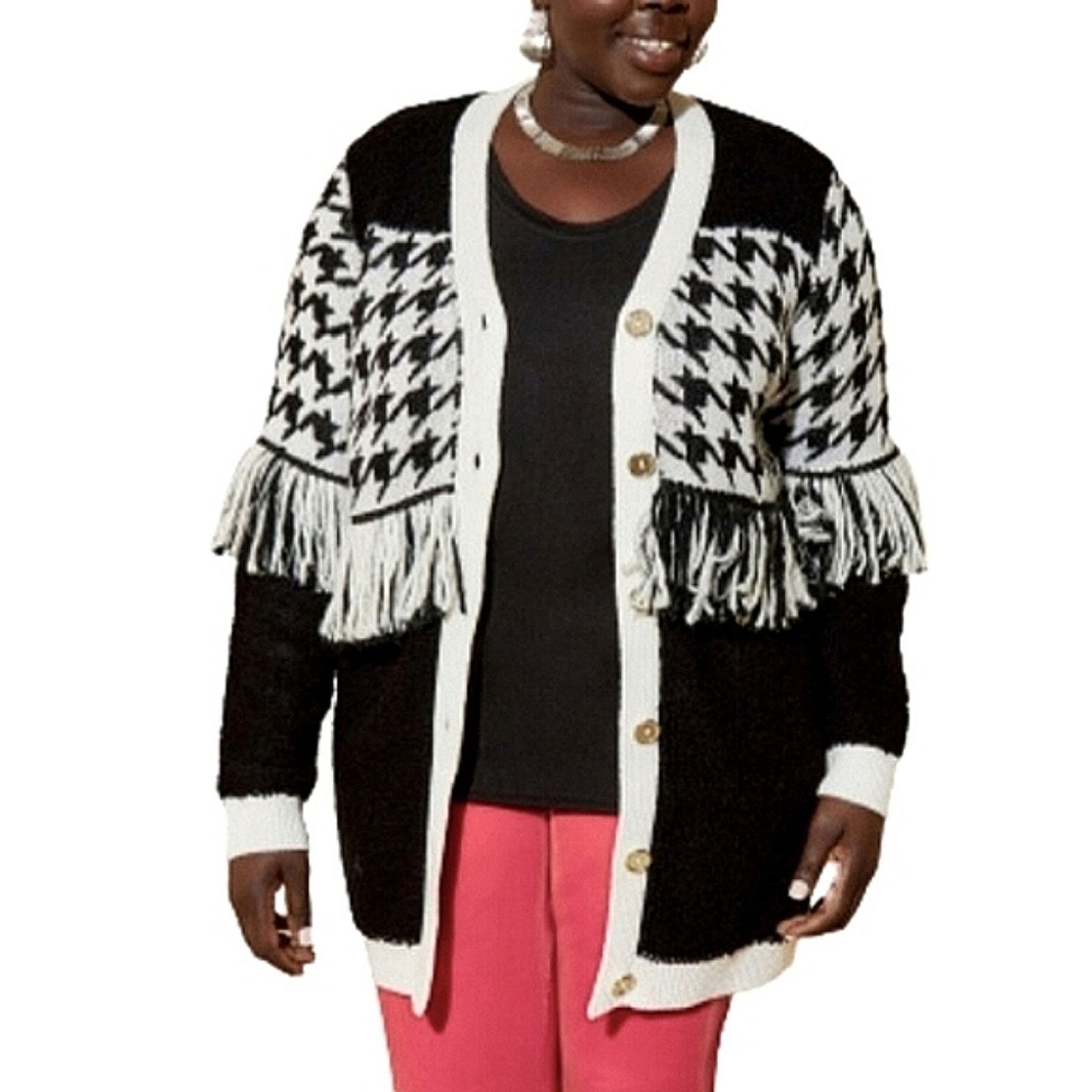 Other BLACK /WHITE HOUNDSTOOTH ☆ FRINGED ☆ LONG CARDIGAN 5x ☆ NWT Size 4XL / US 24-26 - 2 Thumbnail