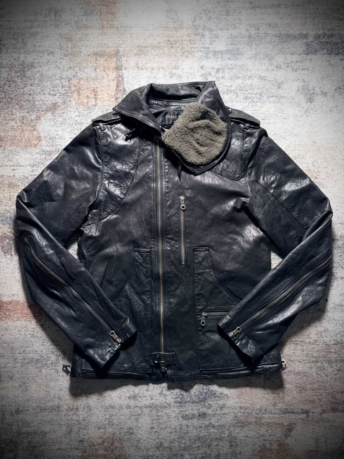 Share Spirit Homme Share spirit navy gasmask leather jacket | Grailed