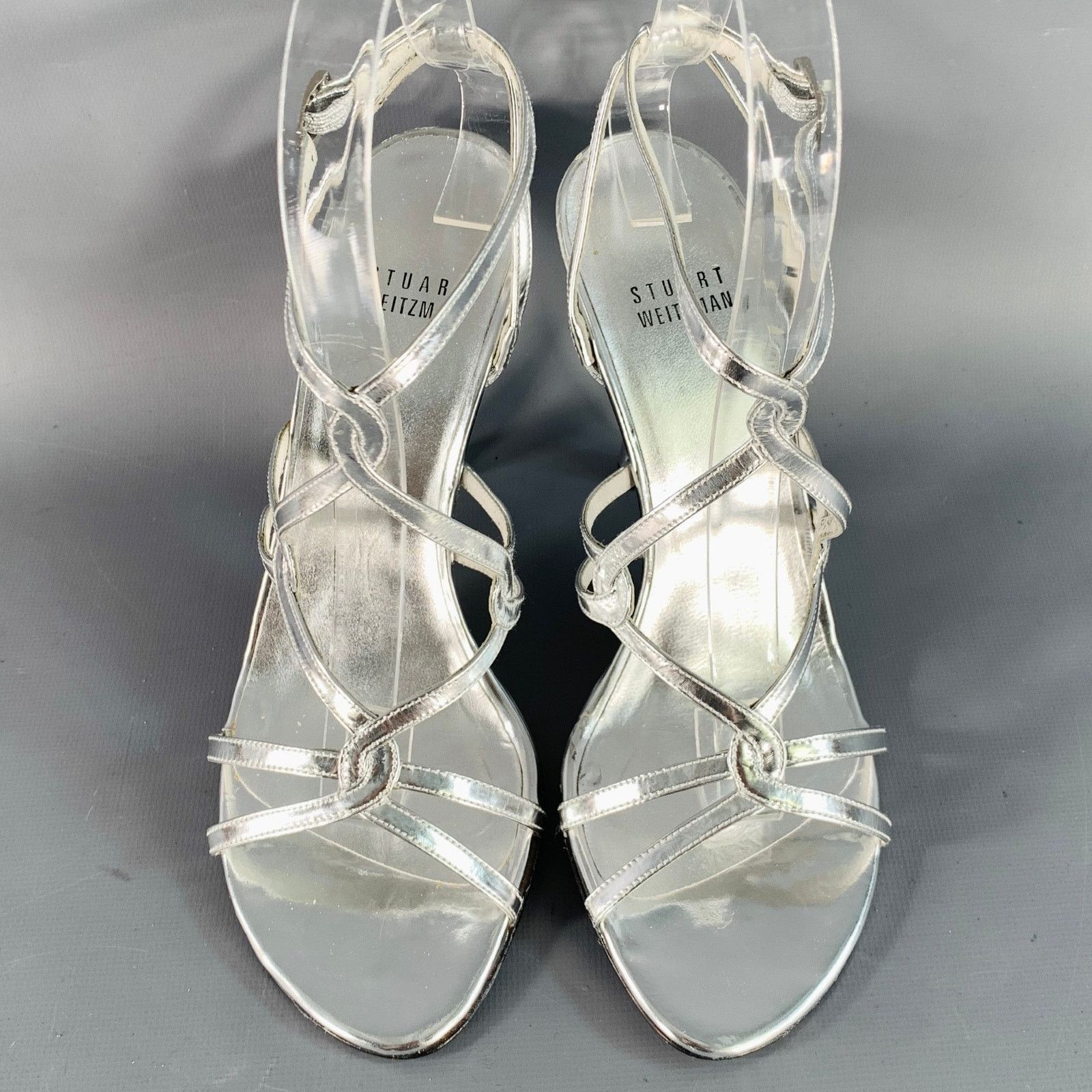 Stuart Weitzman Metallic Silver Patent Leather Strappy Ankle Strap Sandals Size US 6 / IT 36 - 4 Thumbnail