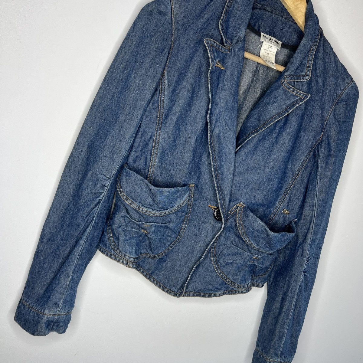 Sonia Rykiel × Vintage 🌟SONIA RYKIEL CROPPED DENIM BLAZER BLUE JACKET Size S / US 4 / IT 40 - 3 Thumbnail